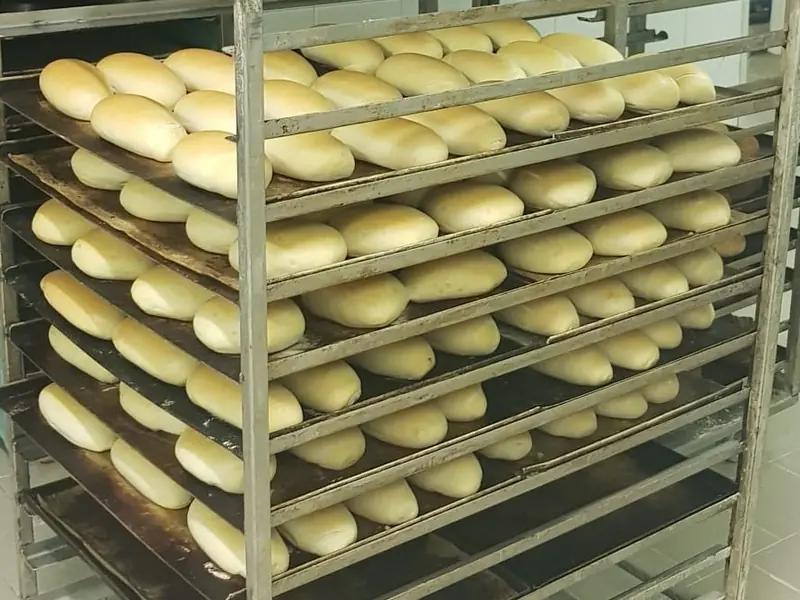 Carrello di panini cotti nel laboratorio di Panfruit